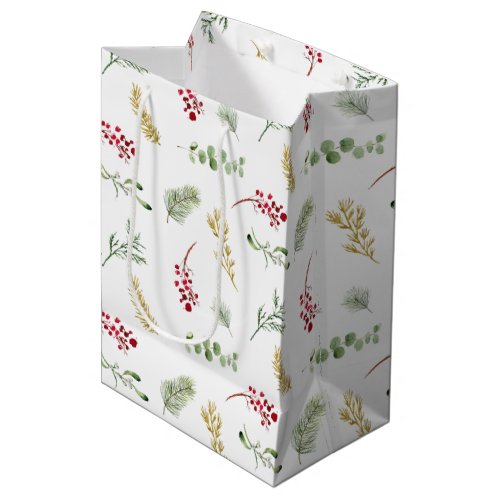 Simple Gold Winter Greenery Watercolor Christmas Medium Gift Bag