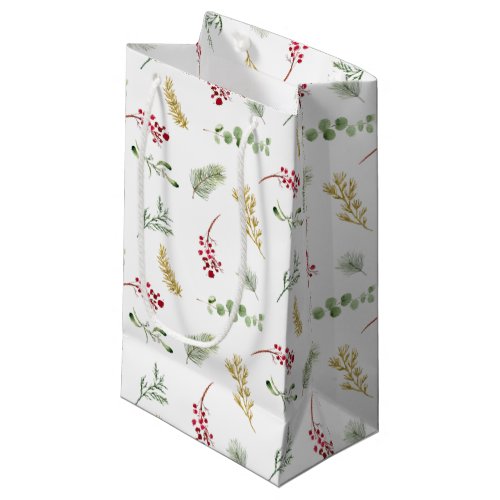 Simple Gold Winter Greenery Watercolor Christmas Small Gift Bag