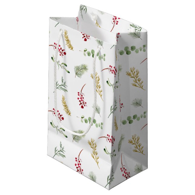 Simple Gold Winter Greenery Watercolor Christmas Small Gift Bag (Front Angled)