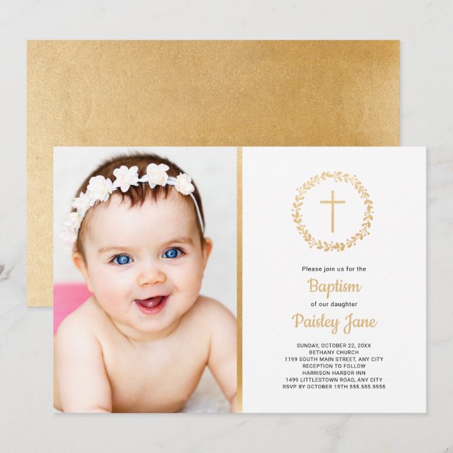 Simple gold wreath baptism photo invitation (Front/Back)