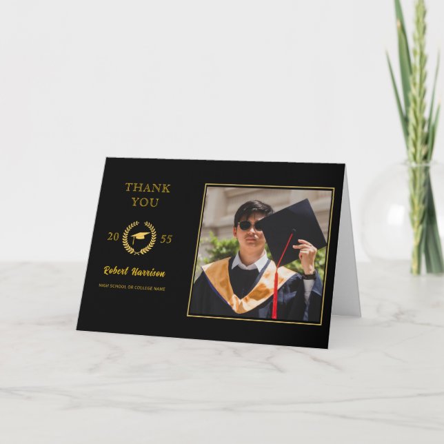 Simple Golden Cap Laurel Wreath Graduation Photo  Thank You Card (Front)