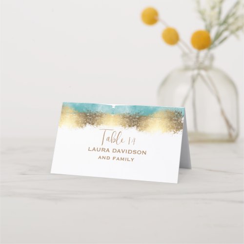 Simple golden foil and aqua blue border minimalist place card