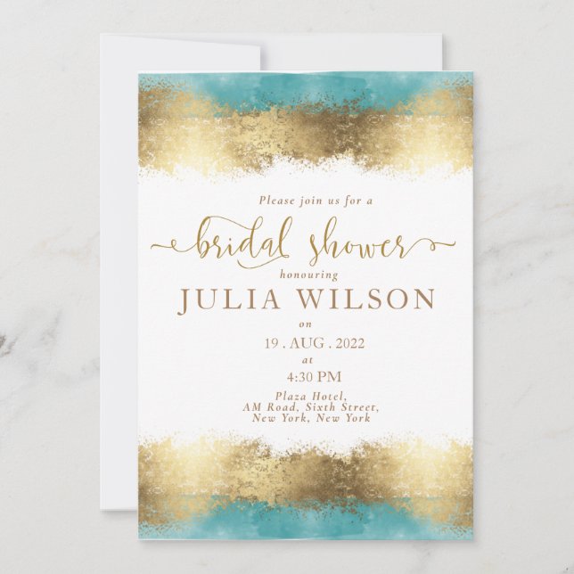 Simple golden foil aqua blue border bridal shower invitation (Front)