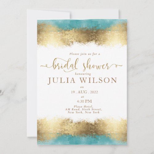 Simple golden foil aqua blue border bridal shower invitation