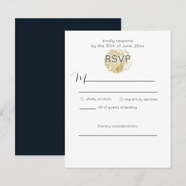 Simple Golden Sea Shell and Deep Prussian Blue RSVP Card (Front/Back)