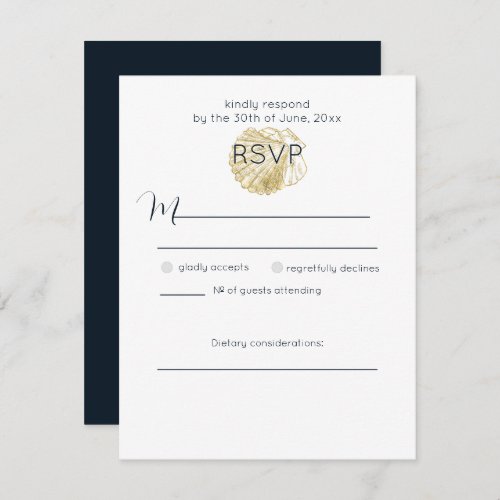 Simple Golden Sea Shell and Deep Prussian Blue RSVP Card