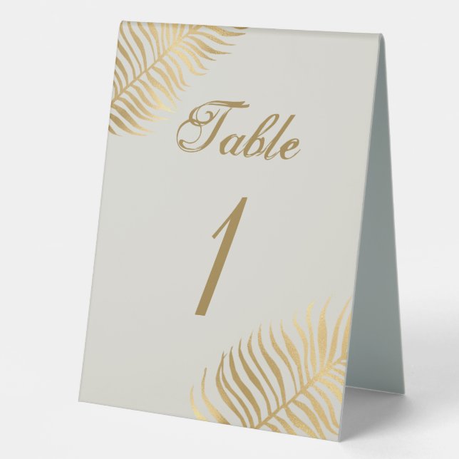 Simple Golden Tropical Leaves Wedding Table Tent (Front)