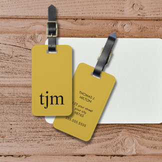 Simple Golden Yellow Black Bold Monogram Luggage Tag