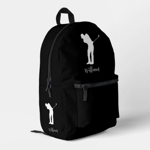 Simple Golfer Silhouette Script Monogram Printed Backpack
