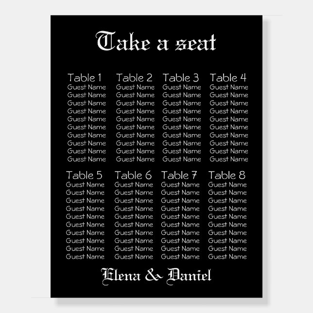 Simple goth black typograph wedding Seating Chart Foam Board (Front)