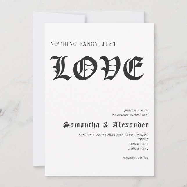 Simple Gothic Nothing Fancy Just Love Wedding Invitation (Front)