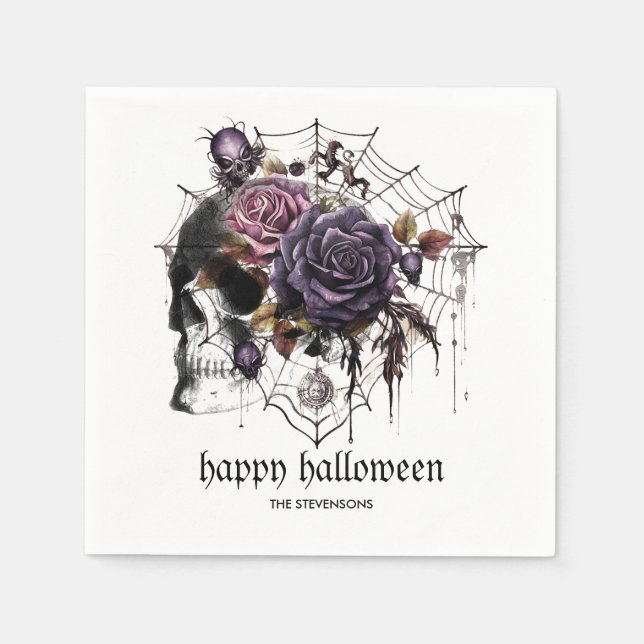 Simple gothic roses & skull Halloween party Napkins (Front)
