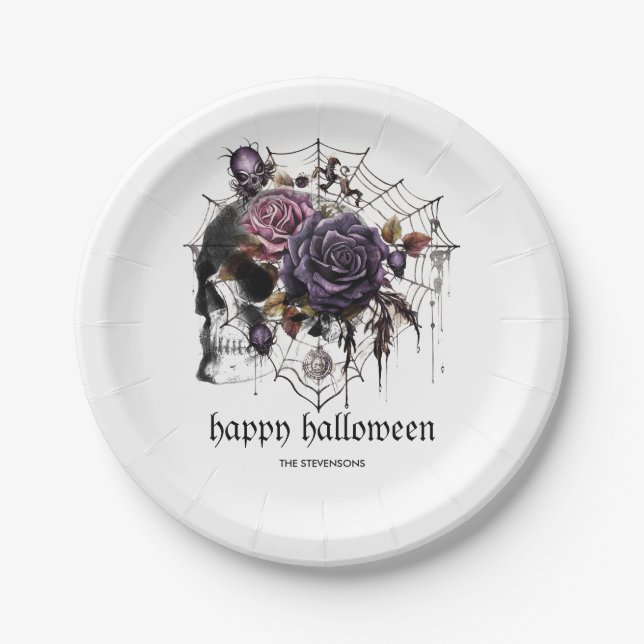 Simple gothic roses & skull Halloween party Paper Plates (Front)