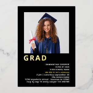 Simple Grad 2025 Photo Graduation Black Gold Real  Foil Invitation