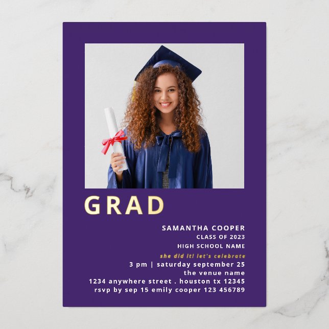 Simple Grad 2025 Photo Graduation Purple Gold Real Foil Invitation (Front)