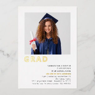 Simple Grad 2025 Photo Graduation White Gold Real  Foil Invitation