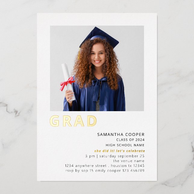 Simple Grad 2025 Photo Graduation White Gold Real  Foil Invitation (Front)