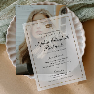 Simple Grad Cap Elegant Gold Graduation Vellum Invitations