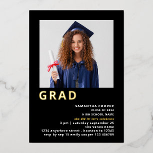 Simple Grad Photo Graduation Black Gold Real  Foil Invitation