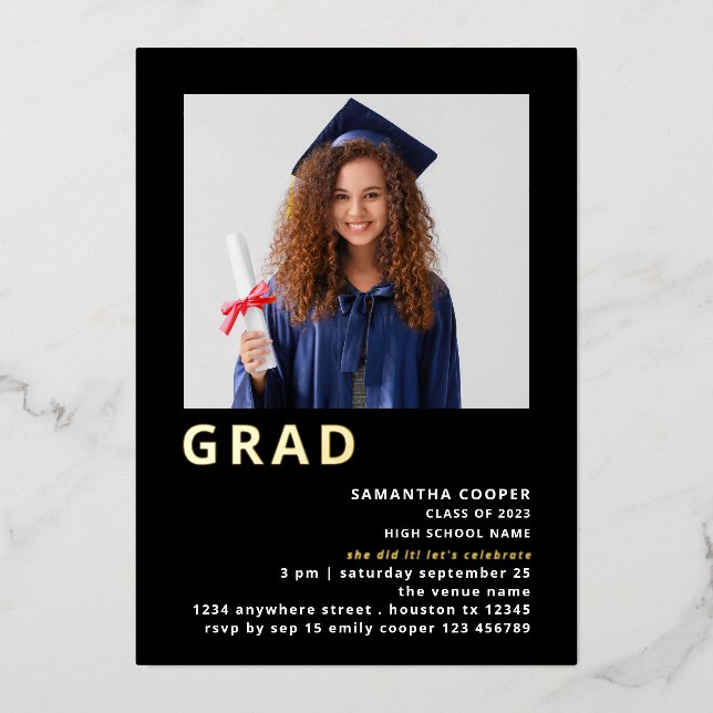 Simple Grad Photo Graduation Black Gold Real  Foil Invitation (Front)