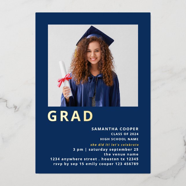 Simple Grad Photo Graduation Navy Gold Real Foil Invitation (Front)