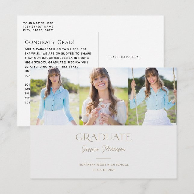 Simple Graduate Gray & Gold Multi Photo Graduation Postcard (Front/Back)