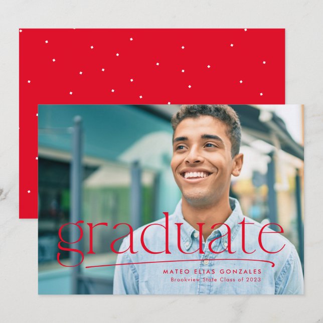 Simple graduate one-photo red graduation announcement (Front/Back)