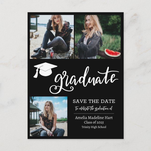 Simple Graduate Script Save The Date Photo | Black Announcement Postcard (Front)
