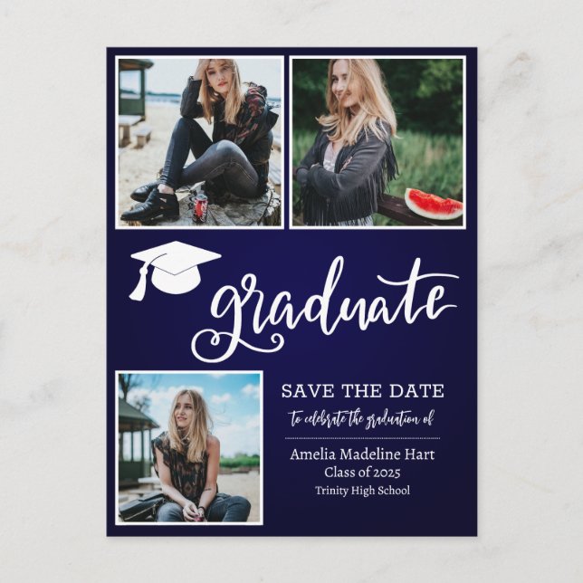 Simple Graduate Script Save The Date Photo | Blue Announcement Postcard (Front)