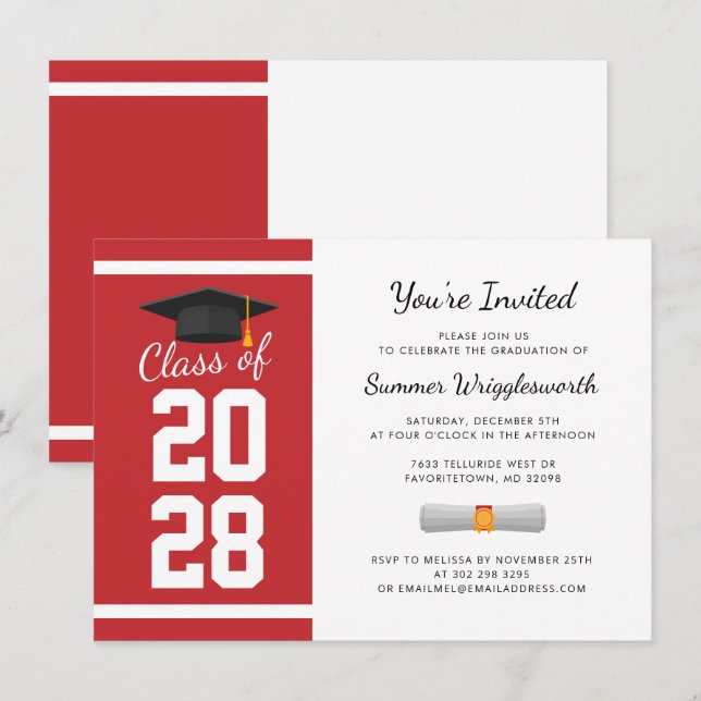 Simple Graduation 2024 Cap Red White Grad Party Invitation (Front/Back)