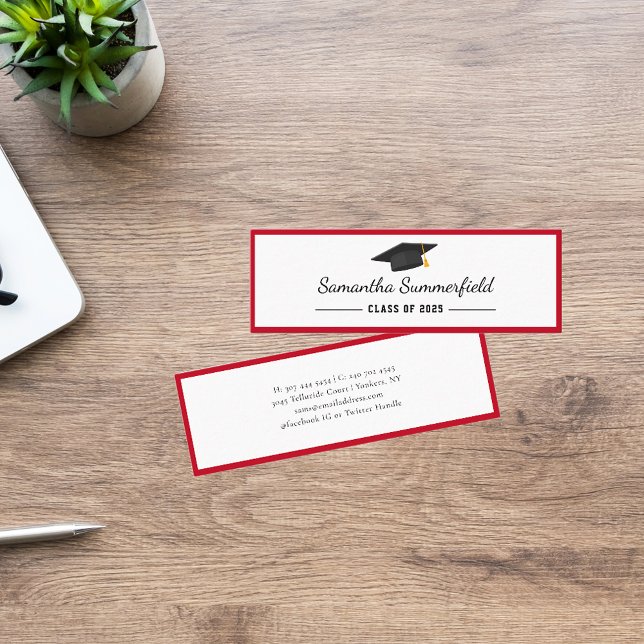 Simple Graduation 2026 Minimalist Script Name Mini Business Card (Elegant Graduation 2025 Red White Grad Cap Mini Calling Card)