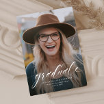Simple graduation announcement<br><div class="desc">A simple classic script "graduate" in white accentuates a single vertical photo of your grad. This graduation announcement works for both college graduates or high school graduates and is simple enough to let your photo shine. It's a timeless design and also features a striped backer with a navy blue background....</div>