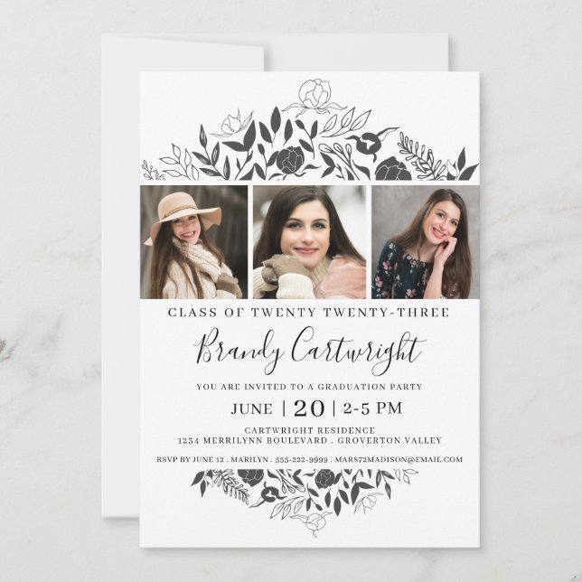 Simple Graduation Black White Floral 3 Photo Invitation (Front)