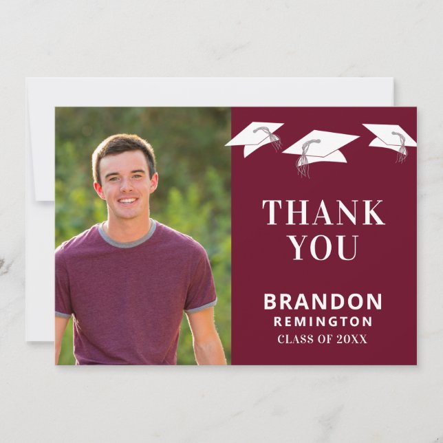 Simple Graduation Cap Toss Maroon Graduation Thank You Card (Front)