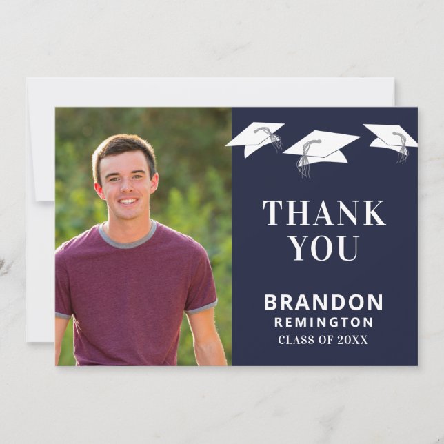 Simple Graduation Cap Toss Navy Blue Graduation Thank You Card (Front)