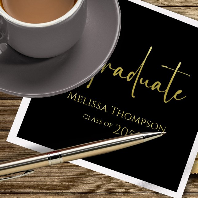Simple Graduation Gold Script Custom Napkins (Black and gold graduation custom napkins.)