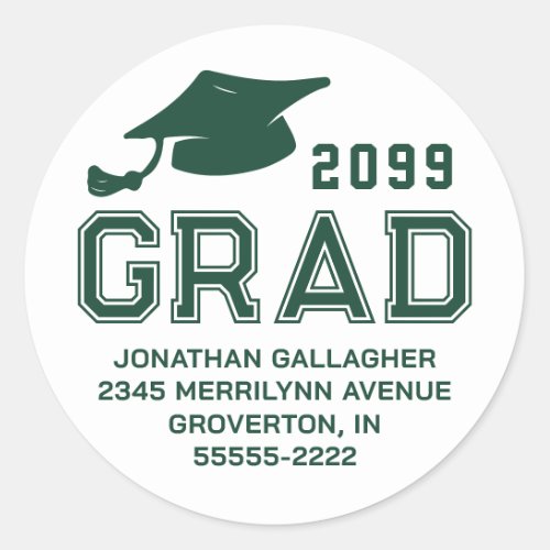 Simple Graduation Green Year GRAD Return Address Classic Round Sticker