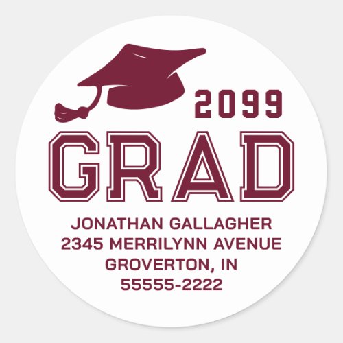 Simple Graduation Maroon Year GRAD Return Address Classic Round Sticker