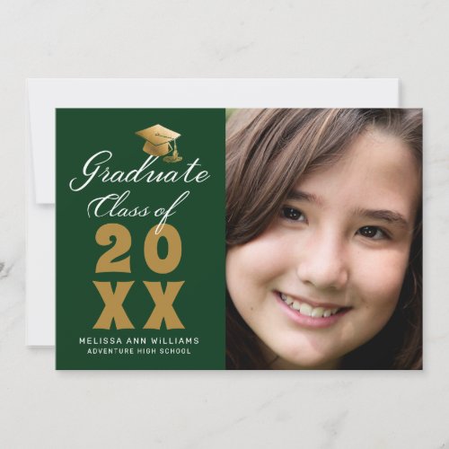 Simple Graduation Photo Green Gold Script 2023 Announcement