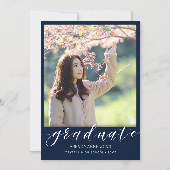 Simple Graduation Photo White Script on Blue Announcement (Front)