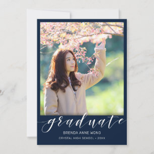 Simple Graduation Photo White Script on Blue Announcement