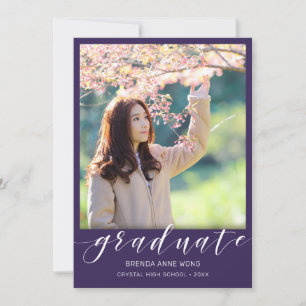Simple Graduation Photo White Script on Purple Announcement