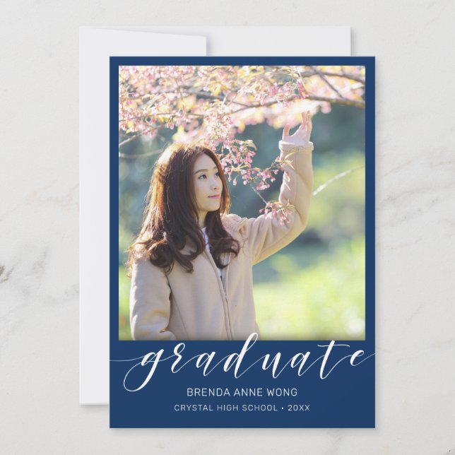 Simple Graduation Photo White Script on Royal Blue Announcement (Front)