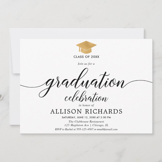 Simple graduation, white gold calligraphy modern invitation (Front)