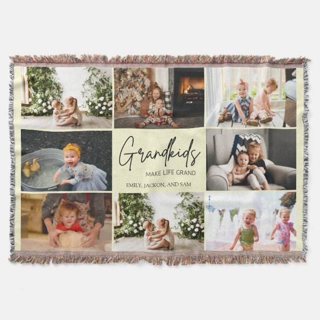Simple Grandkids Make Life Grand 8 Photo Collage Throw Blanket (Front)