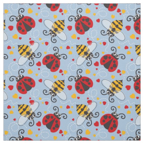Simple graphic ladybugs and bees love hearts fabric