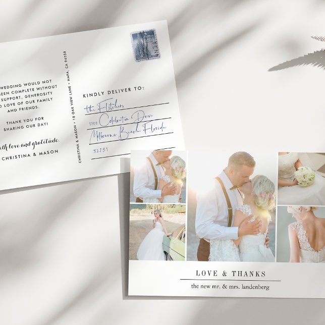 Simple Gratitude | Wedding Photo Collage Thank You Postcard (Creator Uploaded)