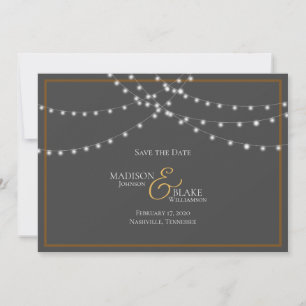 Simple Gray and Copper String Lights Save the Date