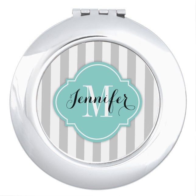 Simple Gray and White Stripes with Monogram Makeup Mirror (Front)