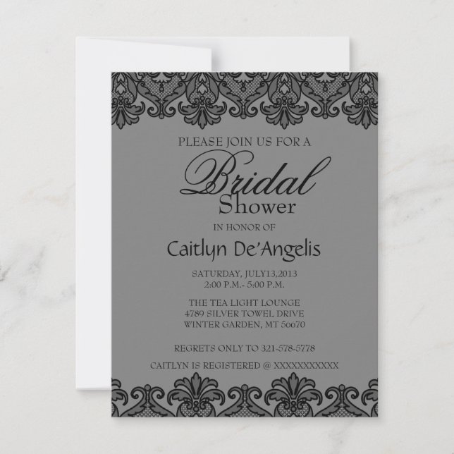Simple Gray Black Lace Bridal Shower Invitation (Front)